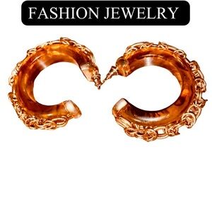 Amber Resin Stone Earrings w/Attached Brass Link Chain, Vintage. EUC